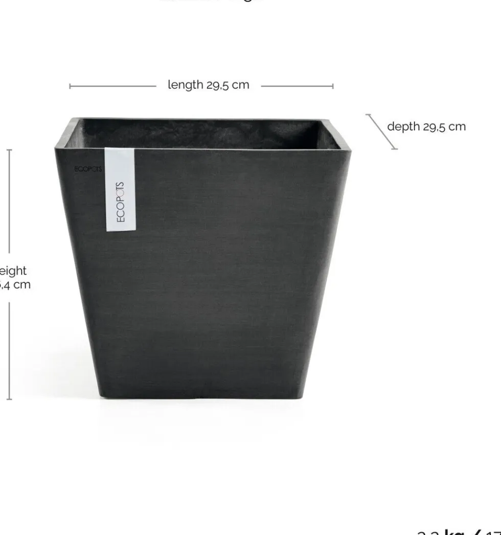 Ecopots bloempot Rotterdam donkergrijs 30 x 30 x 26 cm