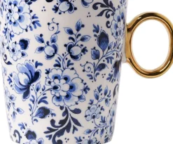 Heinen Delfts Blauw mok blauw / wit bloem D 8,5 H 9,5 cm