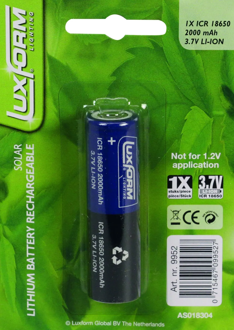 Luxform oplaadbare batterij Lighting 2000mAh 3.7V ICR 18650
