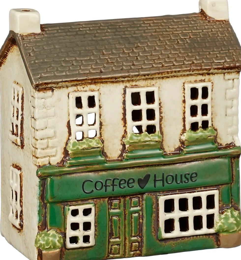 Mica Decorations waxinelichthouder koffiehuis bruin 14,5 x 8,5 x 15,5 cm