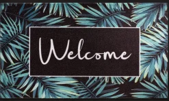 Schoonloopmat Welcome Leaves blauw 45 x 75 cm
